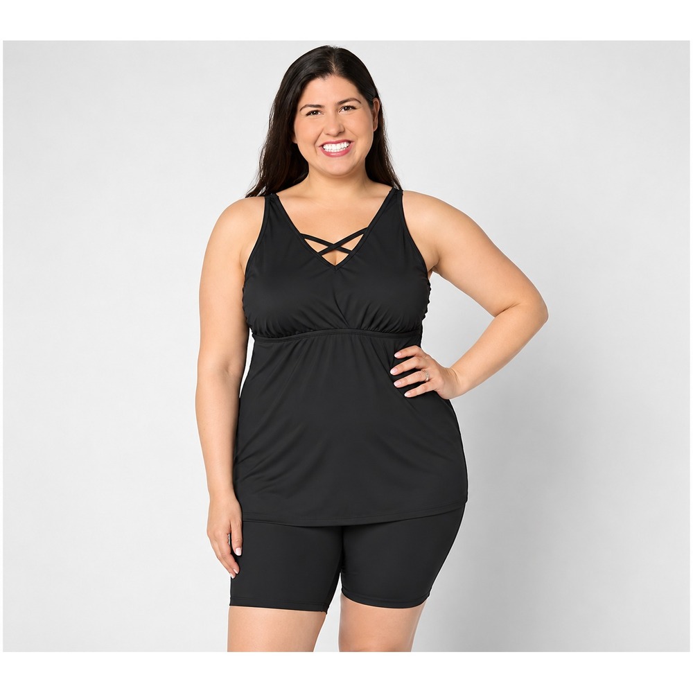 Denim & Co. Beach Criss Cross Front Tankini with Swim Short Black, Reg 14